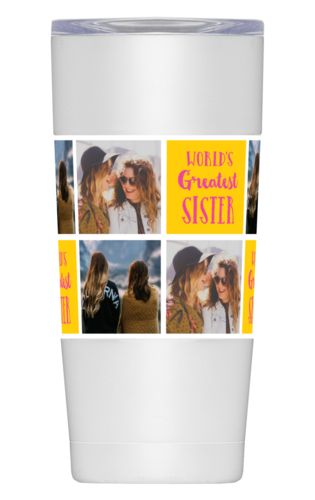 Personalized with photos and the saying "World's Greatest Sister" in juicy pink and gold Personalized with photos and the saying "World's Greatest Sister" in juicy pink and gold