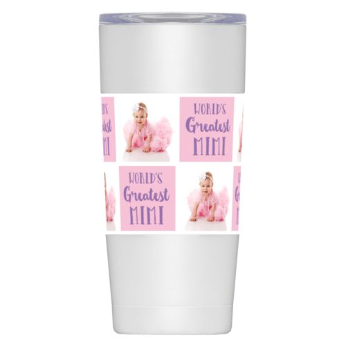 Personalized insulated steel mug personalized with a photo and the saying "World's Greatest Mimi" in grape purple and rosy cheeks pink
