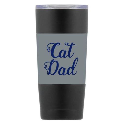 Personalized with the saying "cat dad" in navy blue and silver