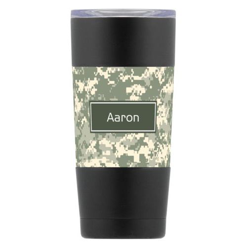 Personalized insulated steel mug personalized with army camo pattern and name in military gray