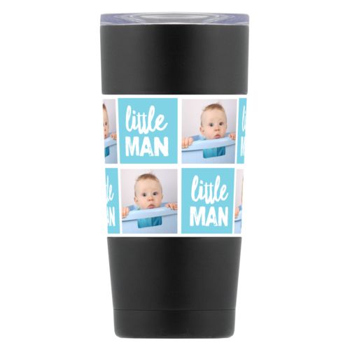 Personalized insulated steel mug personalized with a photo and the saying "little man" in 1055 (sweet teal and white)