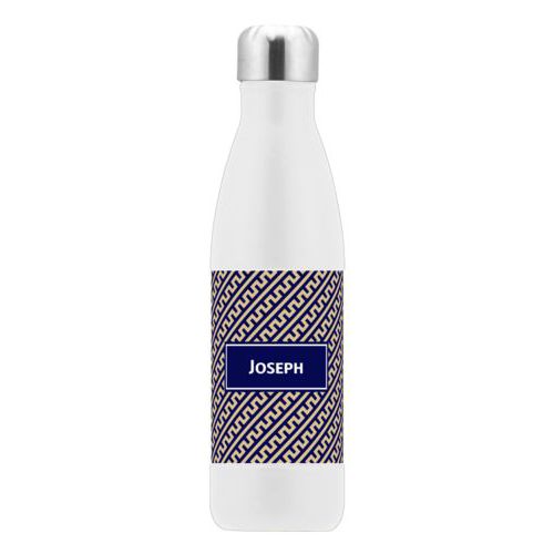 Custom insulated water bottle personalized with dolman pattern and name in true navy and oatmeal