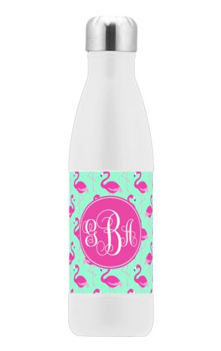 Custom stainless steel water bottle personalized with flamingos pattern and monogram in bright pink Custom stainless steel water bottle personalized with flamingos pattern and monogram in bright pink