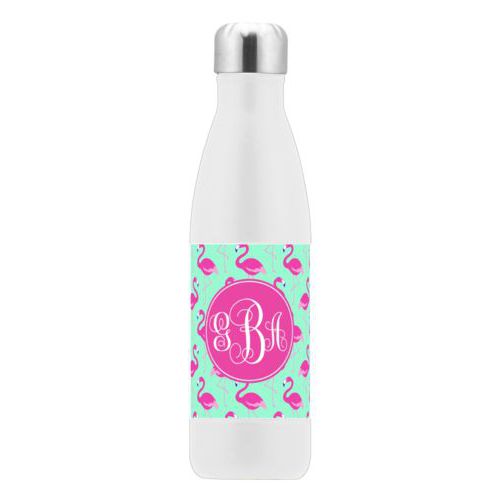 Custom stainless steel water bottle personalized with flamingos pattern and monogram in bright pink