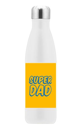 Custom insulated water bottle personalized with the saying "Super Dad" in blue and gold Custom insulated water bottle personalized with the saying "Super Dad" in blue and gold