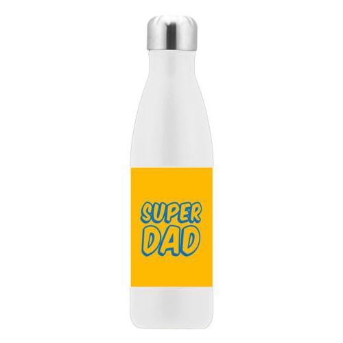 Custom insulated water bottle personalized with the saying "Super Dad" in blue and gold