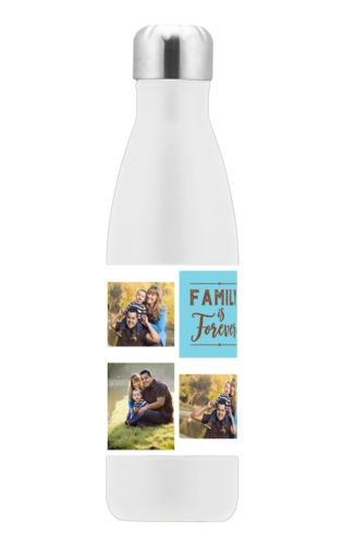 Custom insulated water bottle personalized with photos and the saying "Family Is Forever" in chocolate brown and sweet teal Custom insulated water bottle personalized with photos and the saying "Family Is Forever" in chocolate brown and sweet teal