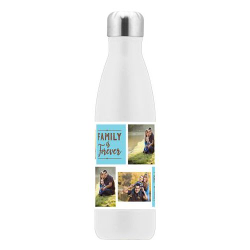 Custom insulated water bottle personalized with photos and the saying "Family Is Forever" in chocolate brown and sweet teal