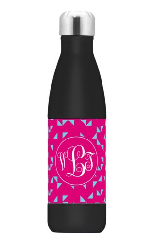Personalized stainless steel water bottle personalized with triangles pattern and monogram in pomegranate and sky Personalized stainless steel water bottle personalized with triangles pattern and monogram in pomegranate and sky