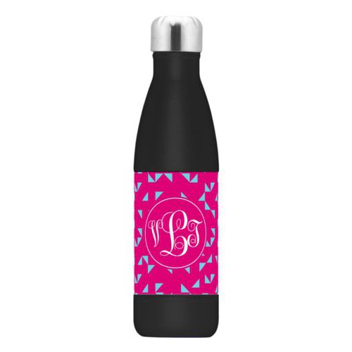 Personalized stainless steel water bottle personalized with triangles pattern and monogram in pomegranate and sky