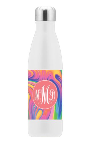 Insulated water bottle personalized with marbling pattern and monogram in peach echo Insulated water bottle personalized with marbling pattern and monogram in peach echo