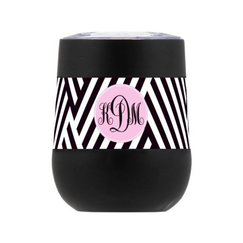 Personalized insulated wine tumbler personalized with maze pattern and monogram in black and pink quartz