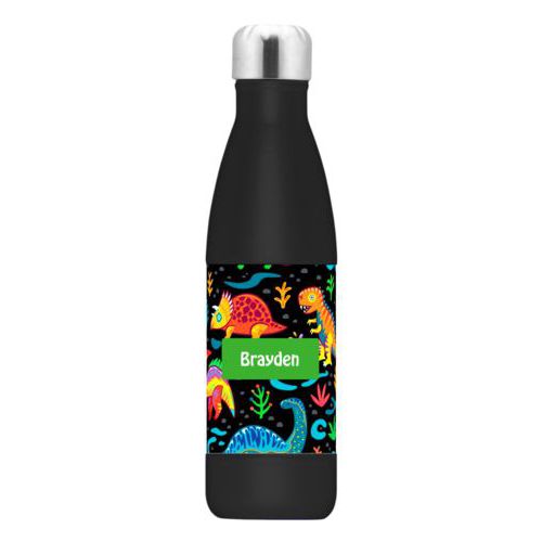 Personalized stainless steel water bottle personalized with dinos pattern and name in green