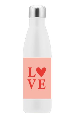 Custom insulated water bottle personalized with the saying "love" in red punch and papaya Custom insulated water bottle personalized with the saying "love" in red punch and papaya