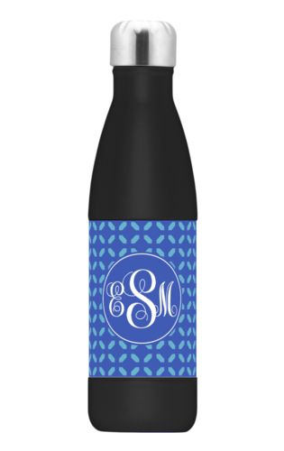 Stainless steel bottle personalized with clover pattern and monogram in cornflower and periwinkle Stainless steel bottle personalized with clover pattern and monogram in cornflower and periwinkle