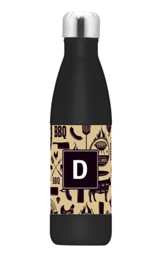 Stainless water bottle personalized with bbq club pattern and initial in black and oatmeal Stainless water bottle personalized with bbq club pattern and initial in black and oatmeal