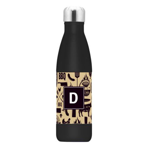 Stainless water bottle personalized with bbq club pattern and initial in black and oatmeal