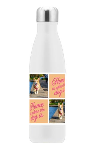 Personalized stainless steel water bottle personalized with a photo and the saying "home is where the dog is" in dream on - bubblegum pink and light cantaloupe Personalized stainless steel water bottle personalized with a photo and the saying "home is where the dog is" in dream on - bubblegum pink and light cantaloupe