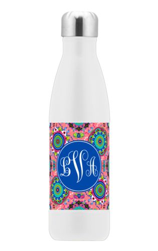 Personalized stainless steel water bottle personalized with east pattern and monogram in bright blue Personalized stainless steel water bottle personalized with east pattern and monogram in bright blue