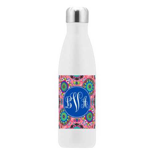 Personalized stainless steel water bottle personalized with east pattern and monogram in bright blue
