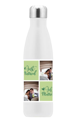 Personalized stainless steel water bottle personalized with a photo and the saying "just married" in pine green and leaf green Personalized stainless steel water bottle personalized with a photo and the saying "just married" in pine green and leaf green