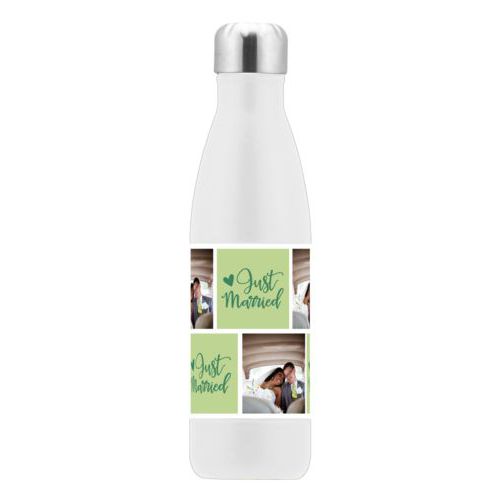 Personalized stainless steel water bottle personalized with a photo and the saying "just married" in pine green and leaf green