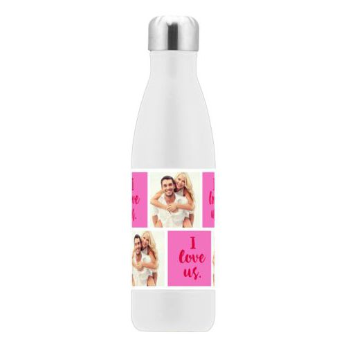 Stainless steel bottle personalized with a photo and the saying "I love us" in valentine red and pink