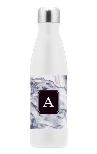 Stainless steel vacuum insulated water bottle personalized with white pattern and initial in black licorice Stainless steel vacuum insulated water bottle personalized with white pattern and initial in black licorice