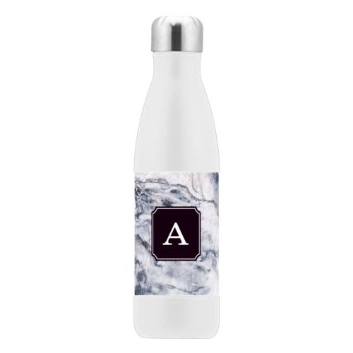 Stainless steel vacuum insulated water bottle personalized with white pattern and initial in black licorice
