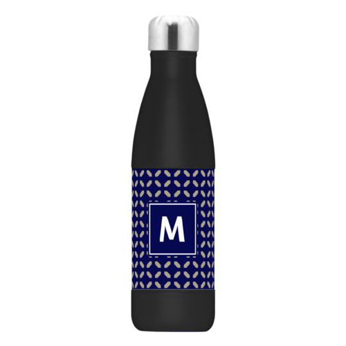 Insulated water bottle personalized with clover pattern and initial in true navy and bark