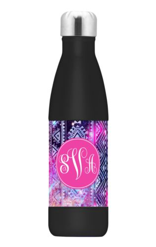 Insulated water bottle personalized with nebula pattern and monogram in juicy pink Insulated water bottle personalized with nebula pattern and monogram in juicy pink