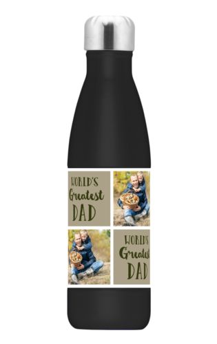 Insulated water bottle personalized with a photo and the saying "World's Greatest Dad" in olive and bark Insulated water bottle personalized with a photo and the saying "World's Greatest Dad" in olive and bark