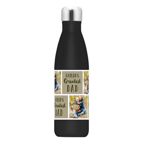 Insulated water bottle personalized with a photo and the saying "World's Greatest Dad" in olive and bark