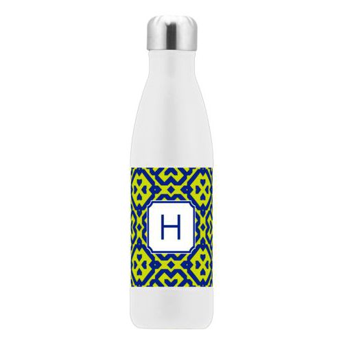 Stainless bottle personalized with plaid pattern and initial in marine and chartreuse