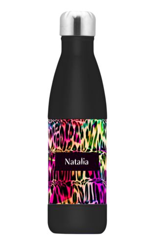 Stainless steel bottle personalized with cheetah pattern and name in black licorice Stainless steel bottle personalized with cheetah pattern and name in black licorice