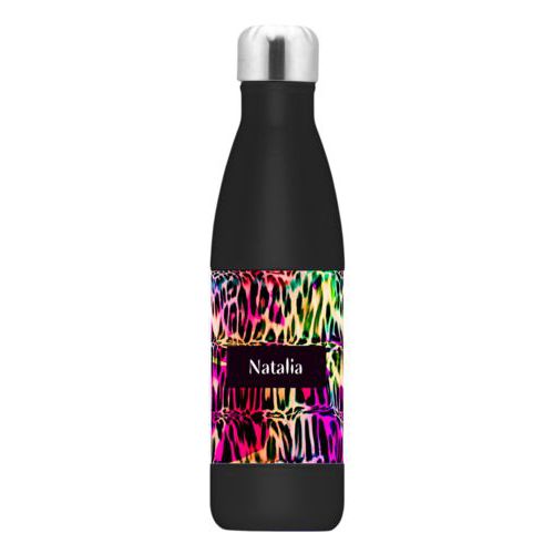 Stainless steel bottle personalized with cheetah pattern and name in black licorice
