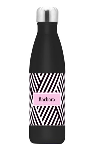 Personalized stainless steel water bottle personalized with maze pattern and name in black and pink quartz Personalized stainless steel water bottle personalized with maze pattern and name in black and pink quartz