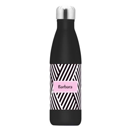 Personalized stainless steel water bottle personalized with maze pattern and name in black and pink quartz