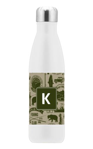 Stainless water bottle personalized with fishing club pattern and initial in olive and bark Stainless water bottle personalized with fishing club pattern and initial in olive and bark