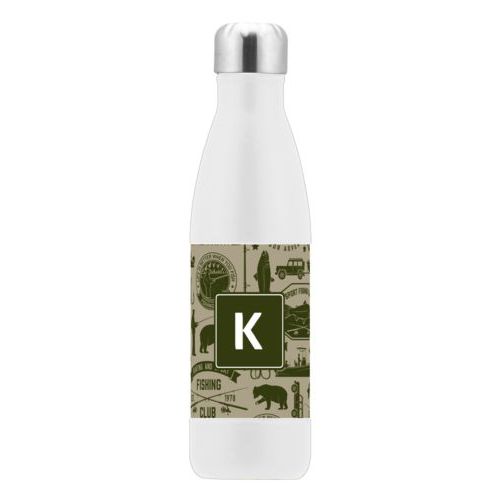 Stainless water bottle personalized with fishing club pattern and initial in olive and bark