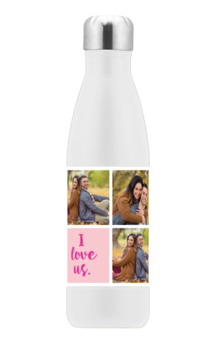 Personalized stainless steel water bottle personalized with photos and the saying "I love us" in jewel - tourmaline and pink Personalized stainless steel water bottle personalized with photos and the saying "I love us" in jewel - tourmaline and pink