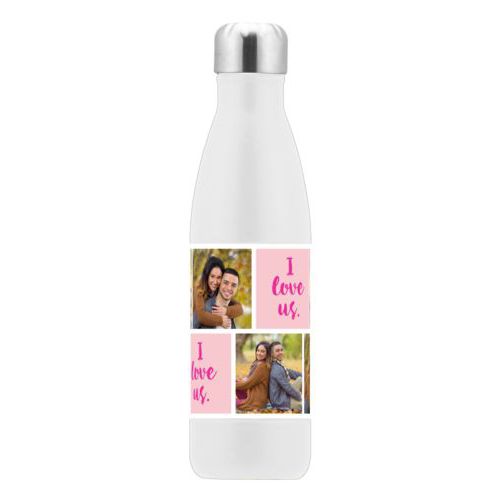Personalized stainless steel water bottle personalized with photos and the saying "I love us" in jewel - tourmaline and pink