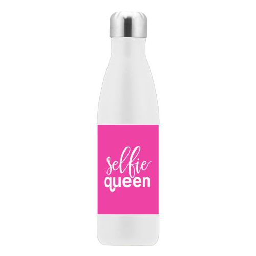 Insulated water bottle personalized with the saying "Selfie Queen" in juicy pink and white