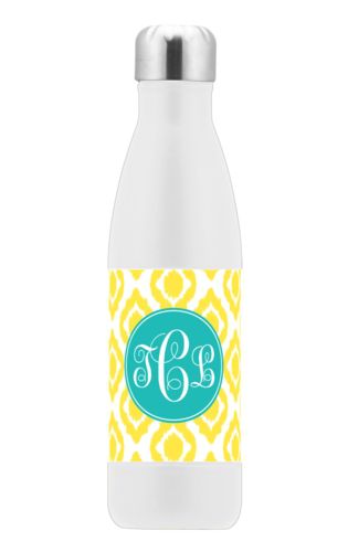 Insulated water bottle personalized with batik pattern and monogram in robin's egg blue and yellow sunshine Insulated water bottle personalized with batik pattern and monogram in robin's egg blue and yellow sunshine