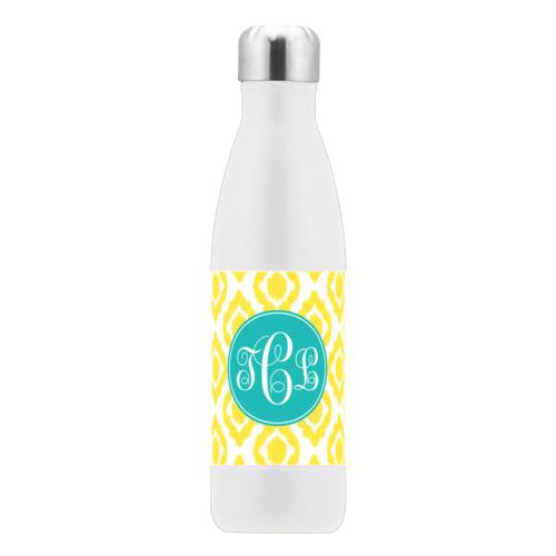 Insulated water bottle personalized with batik pattern and monogram in robin's egg blue and yellow sunshine