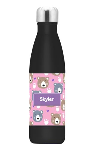 Personalized stainless steel water bottle personalized with bears pattern and name in grape purple Personalized stainless steel water bottle personalized with bears pattern and name in grape purple