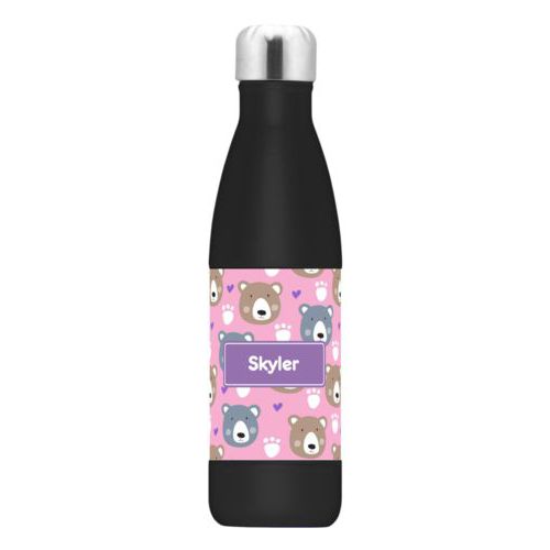 Personalized stainless steel water bottle personalized with bears pattern and name in grape purple