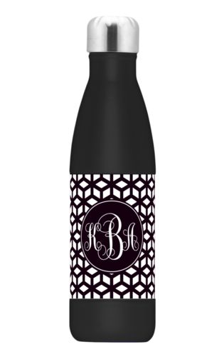 Personalized stainless steel water bottle personalized with triad pattern and monogram in black and white Personalized stainless steel water bottle personalized with triad pattern and monogram in black and white