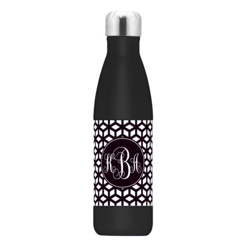 Personalized stainless steel water bottle personalized with triad pattern and monogram in black and white