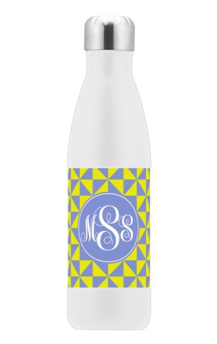 Custom steel water bottle personalized with web pattern and monogram in periwinkle and neon yellow Custom steel water bottle personalized with web pattern and monogram in periwinkle and neon yellow